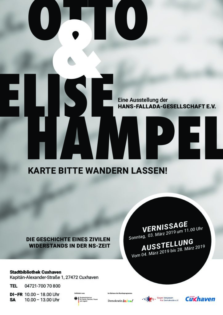 Ausstellungsplakat zu "Otto und Elise Hampel - Karte bitte wandern lassen!" in der Stadtbibliothek Cuxhaven 2019