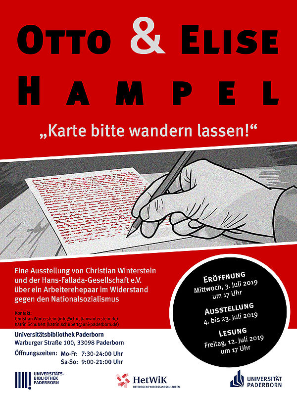 Ausstellungsplakat zu "Otto und Elise Hampel - Karte bitte wandern lassen!" in der Universitätsbibliothek Paderborn 2019